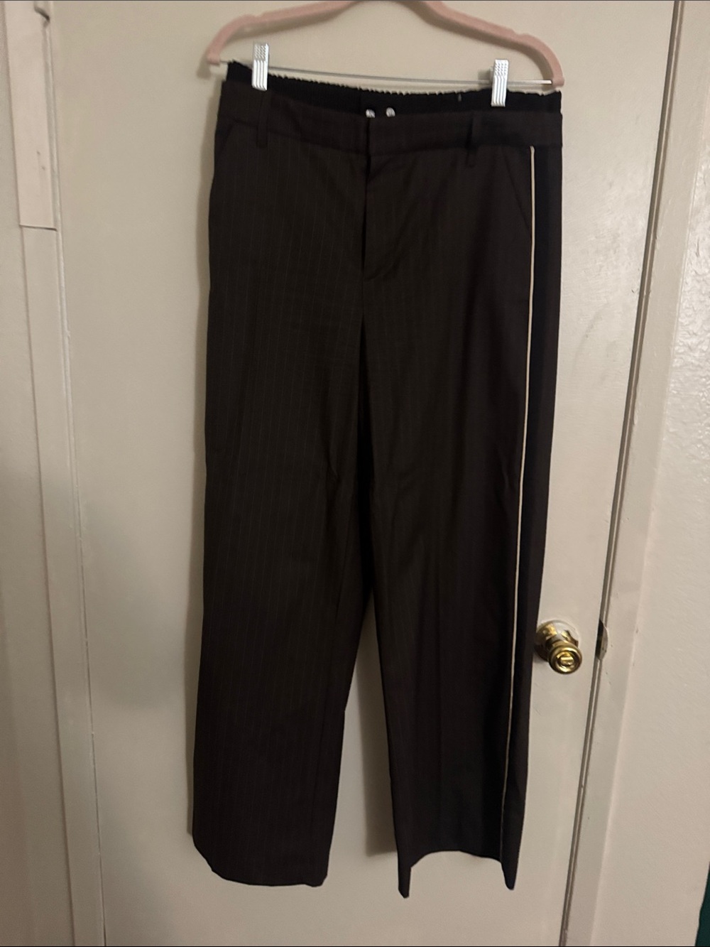 Zara Brown Pinstripe Wide-Leg Pants with Side Stripe